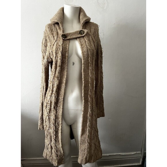 Vintage Banana Republic Beige Cowl Neck Button Across Cable Knit Duster Sweater - Picture 1 of 9